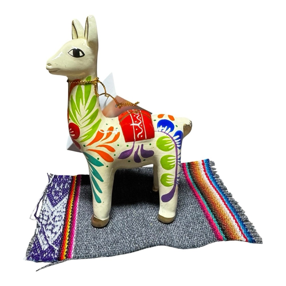 Peruvian Llama Clay Folk Art Figurine 5" Hand Painted Decor